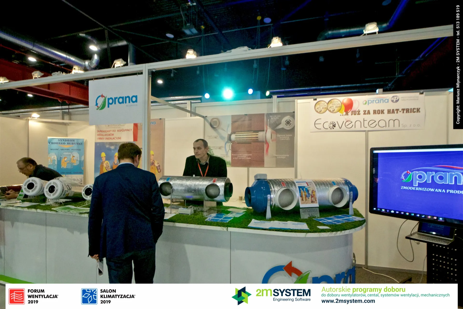 Prana decentralised recuperators displayed on an artificial-grass counter at Forum Wentylacja 2019