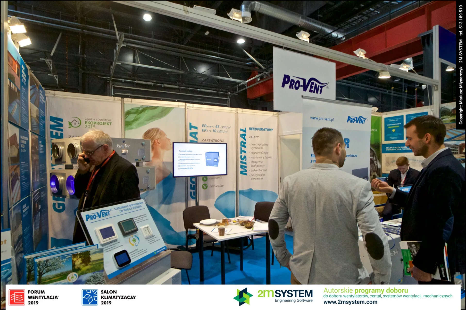 Pro-Vent stand with MISTRAL recuperator banners and a wall controller display at Forum Wentylacja 2019
