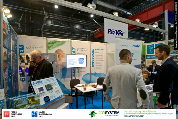 Pro-Vent stand with MISTRAL recuperator banners and a wall controller display at Forum Wentylacja 2019