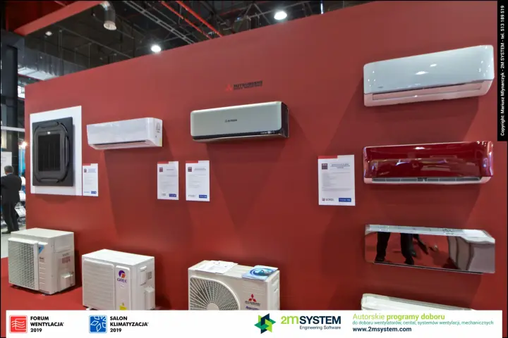 Red display wall of split air conditioners and outdoor units