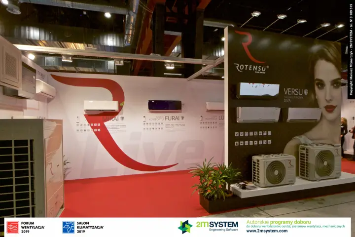 Rotenso split AC lineup with MIRAI and FURAI series on the back wall at Forum Wentylacja 2019