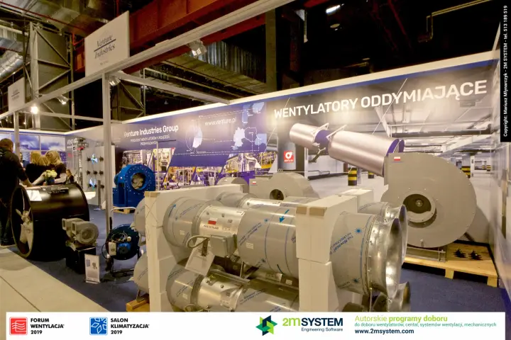 Rows of wrapped axial smoke fans marked "Made in Poland" at Venture Industries at Forum Wentylacja 2019