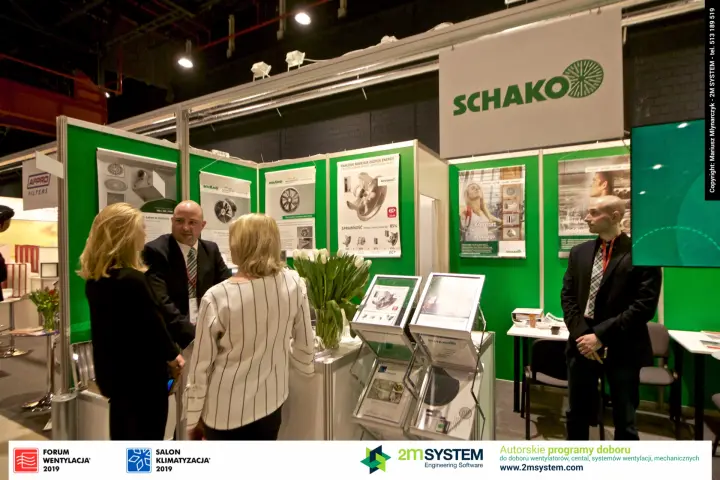 Schako stand with green walls and Novenco fan posters