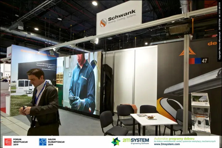 Schwank stand 47 with LED wall video and ceiling-mounted radiant heater