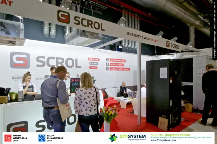 Scrol stand with bar, red lounge and product category signs