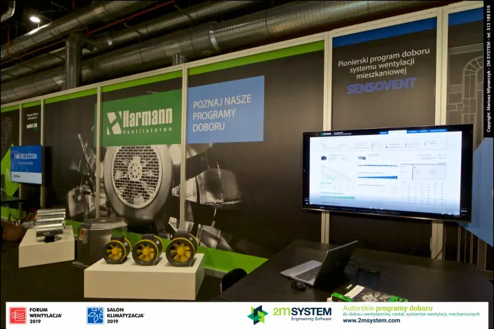 Sensovent screen and "Fan Selection" display on Harmann's wall at Forum Wentylacja 2019