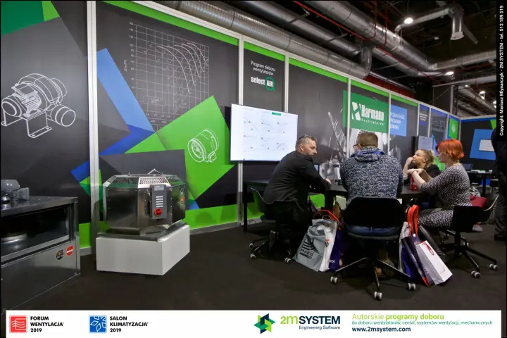Stainless roof fan in front of Harmann's select AIR selection panel at Forum Wentylacja 2019