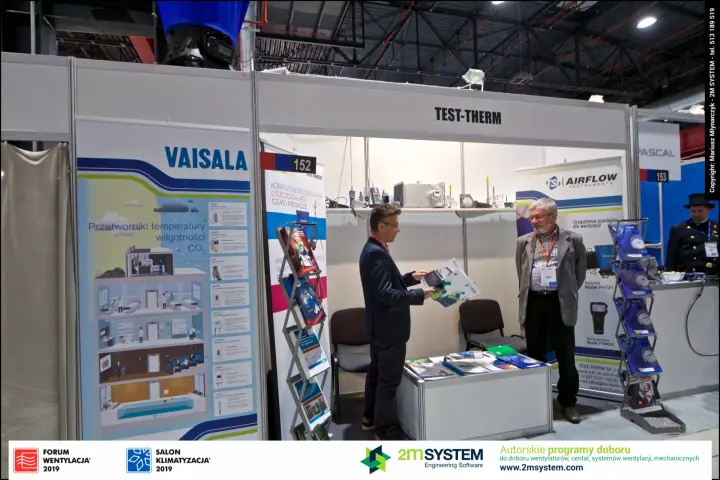 Test-Therm stand with Vaisala transmitter banner and visitor talk at Forum Wentylacja 2019