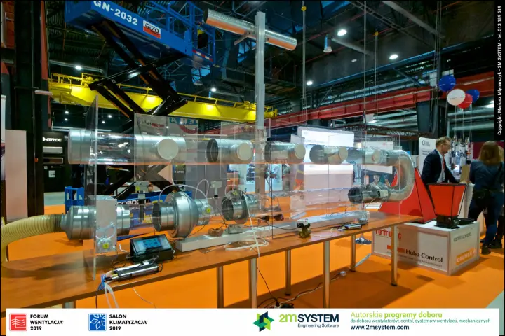 Transparent duct demonstrator with dampers, inline fan and sensors at Forum Wentylacja 2019