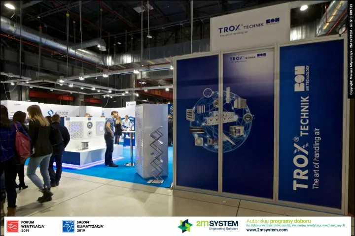 TROX Technik wall graphic with BSH logo and a globe of air products at Forum Wentylacja 2019