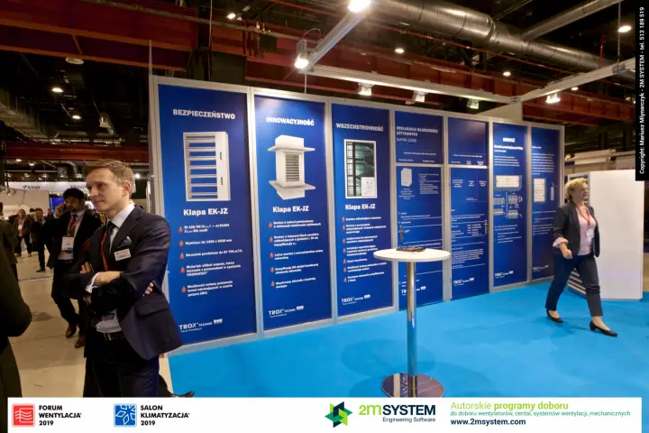 Trox Technik wall of panels presenting the EK-JZ fire damper at Forum Wentylacja 2019