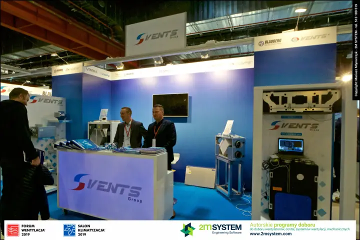 Vents Group stand overview with illuminated counter and heat recovery units at Forum Wentylacja 2019