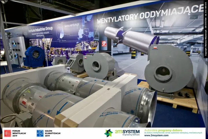 Venture Industries axial jet fans and grey centrifugal fans on pallets at Forum Wentylacja 2019