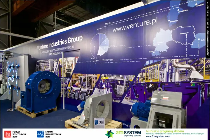 Venture Industries backwall map with blue and grey industrial fans