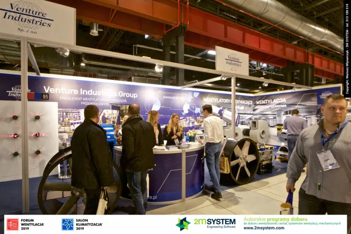 Venture Industries stand 95 with smoke exhaust fan graphics and axial fans at Forum Wentylacja 2019