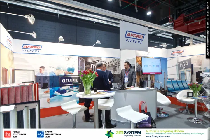 Wide view of AFPRO Filters stand with the Clean air. slogan and bag filters