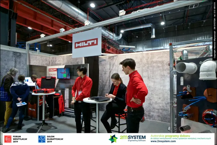 Wide view of the Hilti stand with demo counter and firestop board at Forum Wentylacja 2019