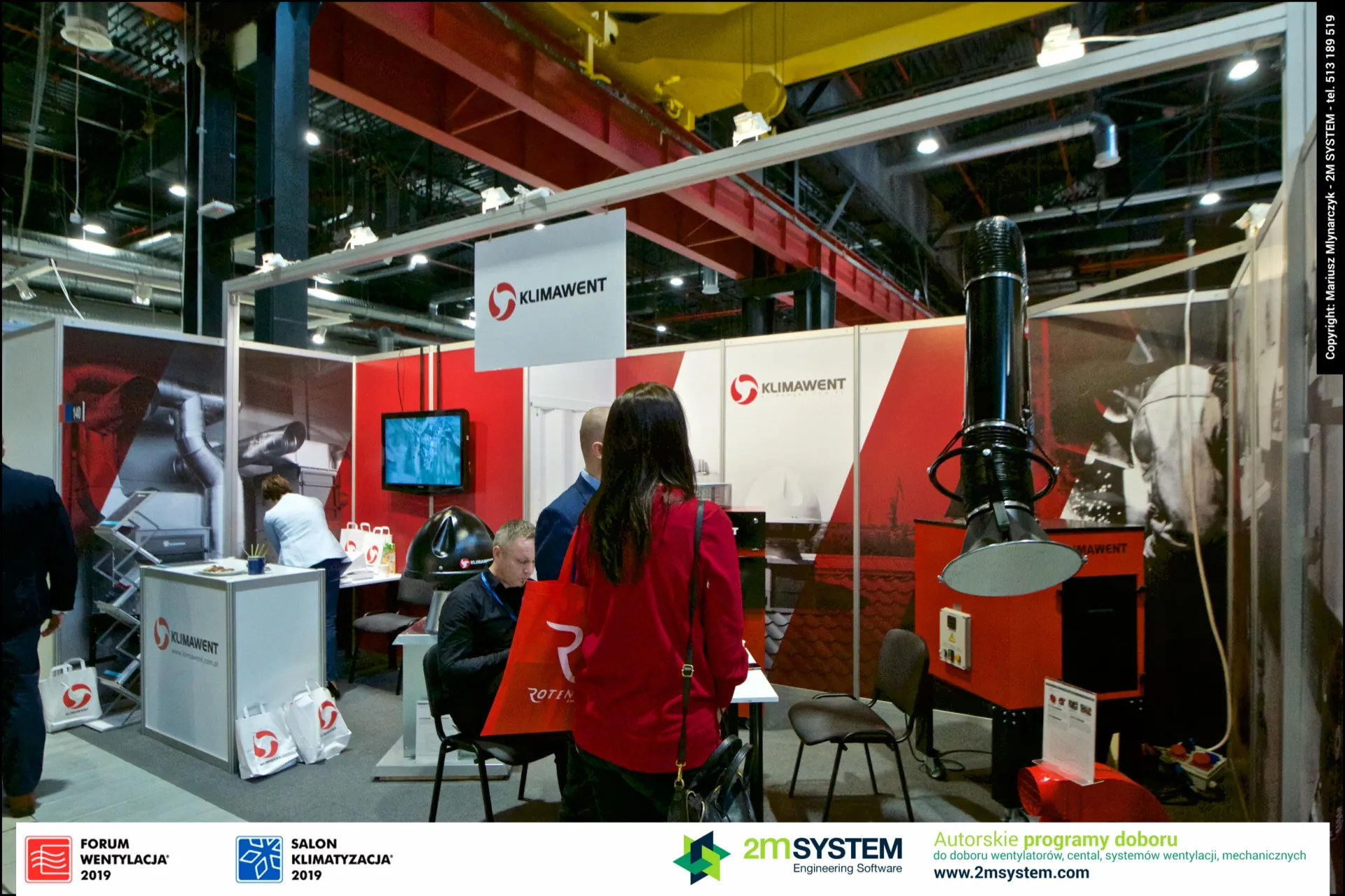 Wide view of the Klimawent stand with extraction units and counter at Forum Wentylacja 2019