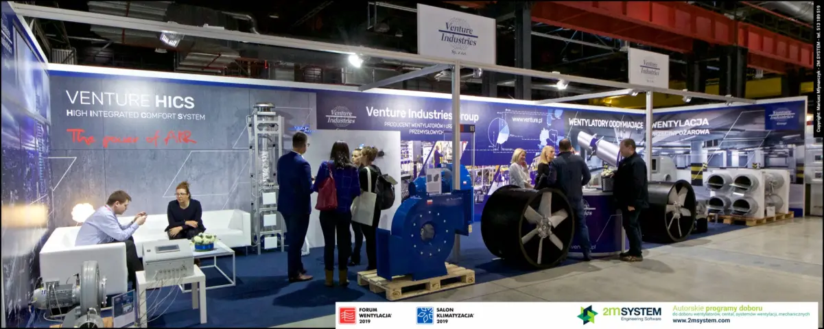 Wide view of the Venture Industries stand with industrial fans at Forum Wentylacja 2019