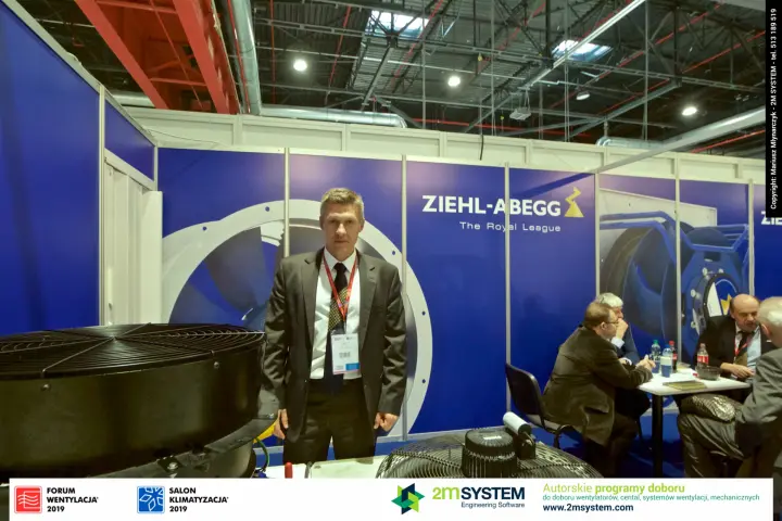 Ziehl-Abegg stand with axial fans and a meeting table