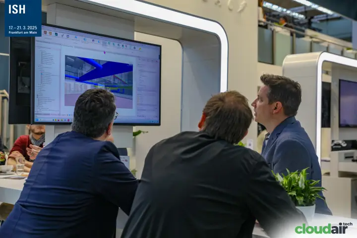 3D duct routing model on screen at a Linear demo counter at ISH 2025