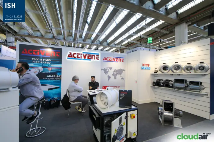 Activent jet fan poster and open fan cabinet on the stand at ISH 2025