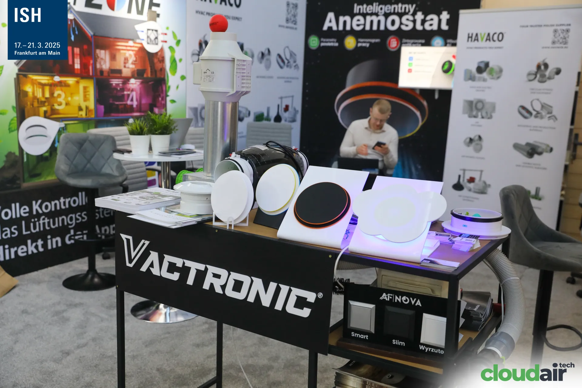 Actronic display of diffusers, AF Nova valves and an inline duct fan at ISH 2025