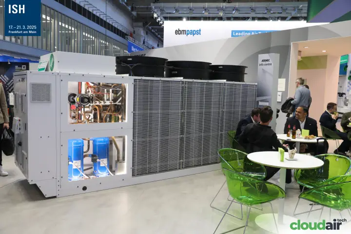 Aermec air-cooled unit with lit windows into the refrigerant circuit at ISH 2025