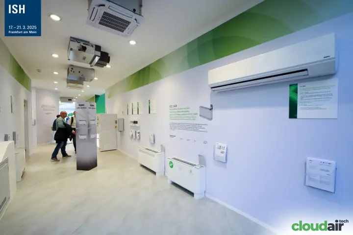 Aermec info centre with wall-mounted fan coils and cassette units at ISH 2025