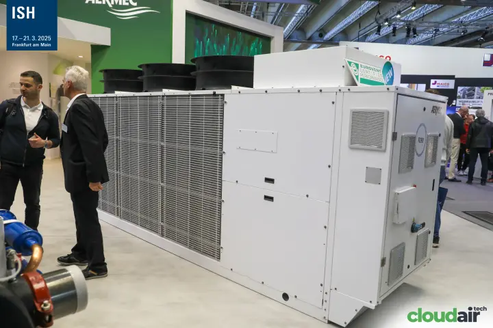 Aermec R290 air-cooled unit with Eurovent label and top-mounted fans at ISH 2025