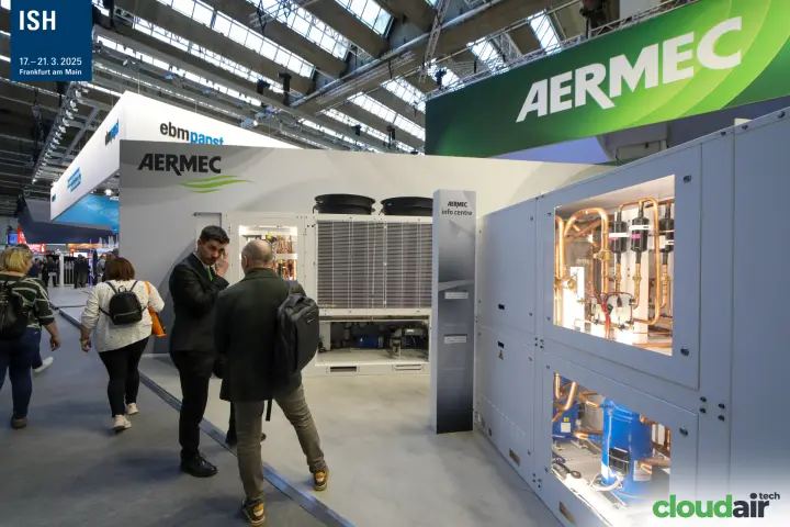 Aermec unit with opened panels revealing copper circuits and compressors at ISH 2025