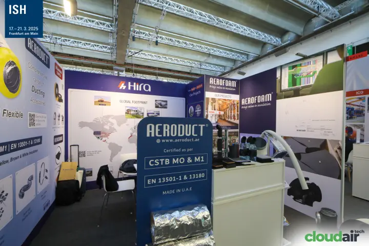 Aeroduct roll-up with certifications in front of Hira global map at ISH 2025