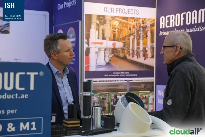 Aerofoam insulation samples and project boards in a stand discussion
