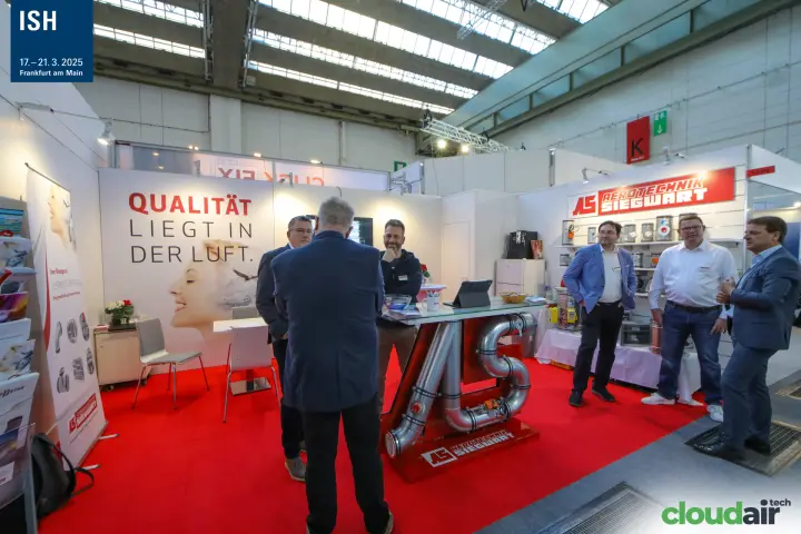 Aerotechnik Siegwart stand with a spiral duct table forming the AS logo at ISH 2025