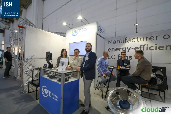 AFL Motors Europe staff and visitors at the EC fan stand at ISH 2025