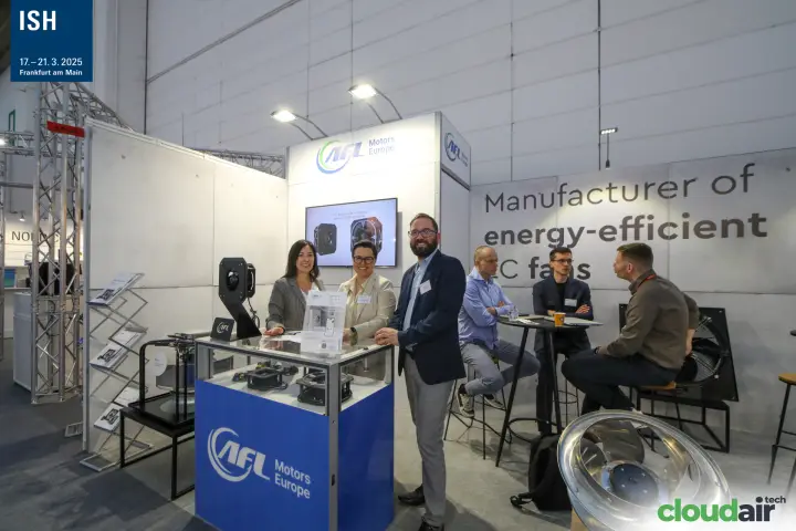 AFL Motors Europe stand with counter, meeting table and impeller at ISH 2025