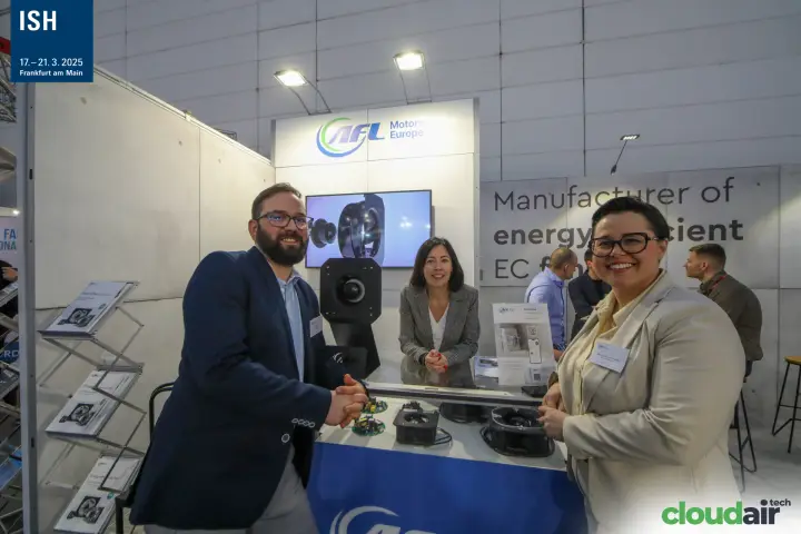 AFL Motors Europe team at the counter with EC fan samples at ISH 2025