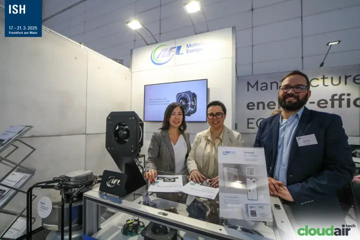 AFL Motors Europe team at the glass counter with EC fan brochures at ISH 2025