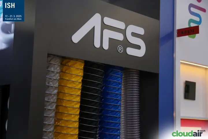 AFS logo above flexible ducts in white, yellow, black, blue and clear