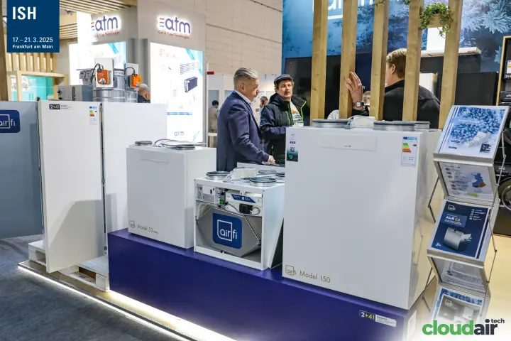 Airfi Model 53 mini and Model 150 heat recovery units on a blue plinth