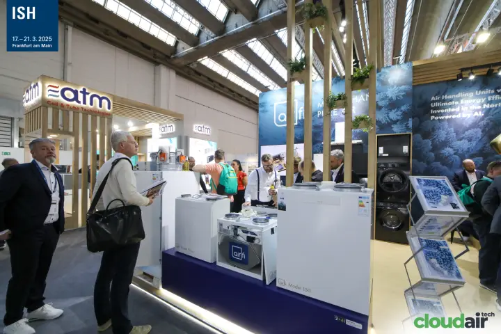 Airfi Model 53 and Model 150 heat recovery units on a lit plinth at ISH 2025