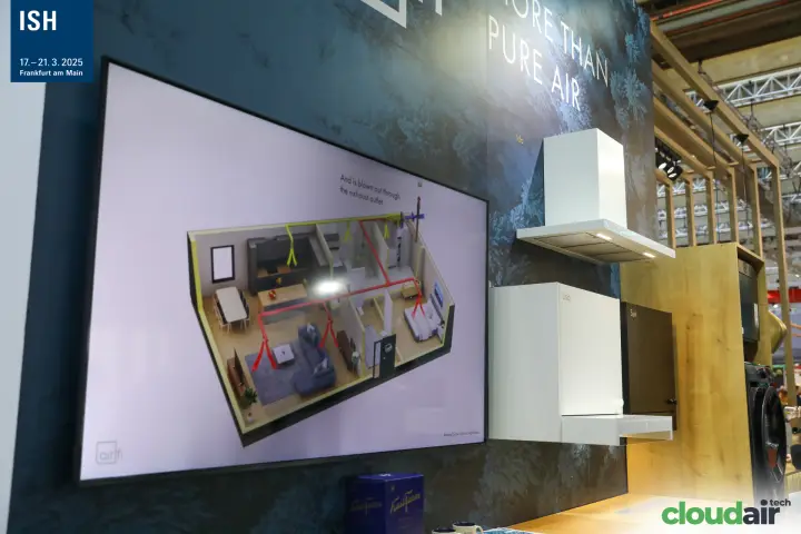 Airfi screen showing apartment ventilation airflow beside cooker hoods at ISH 2025