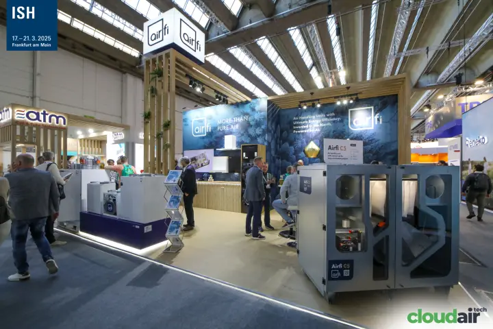 Airfi stand with the transparent-sided Airfi C5 air handling unit at ISH 2025
