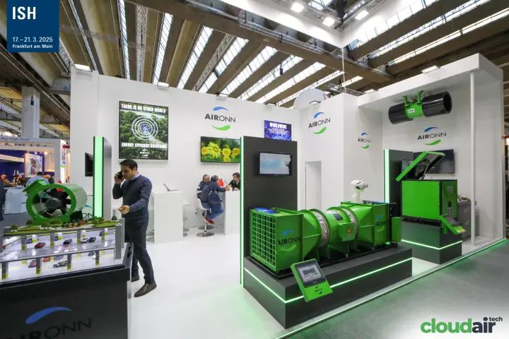 Aironn stand overview with jet fans and a car park model at ISH 2025