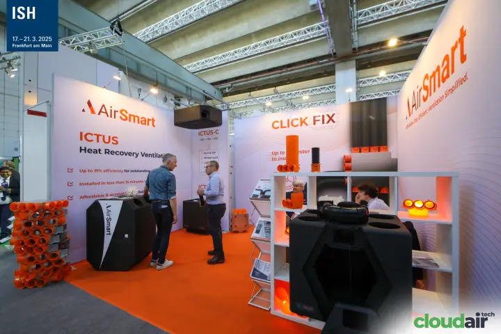 AirSmart ICTUS heat recovery ventilation units and orange duct spigots at ISH 2025