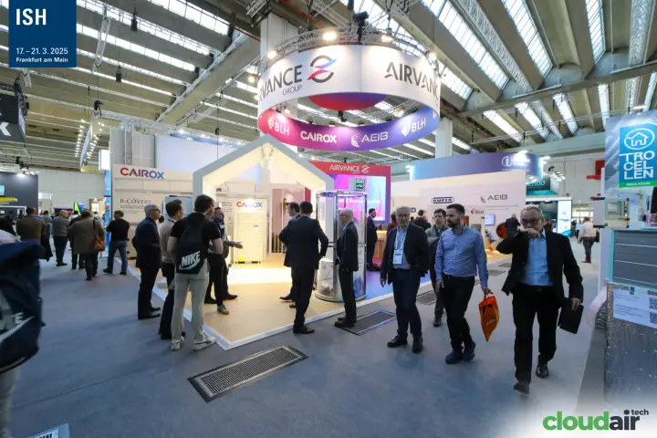 Airvance Group island stand seen from the aisle under its round banner at ISH 2025