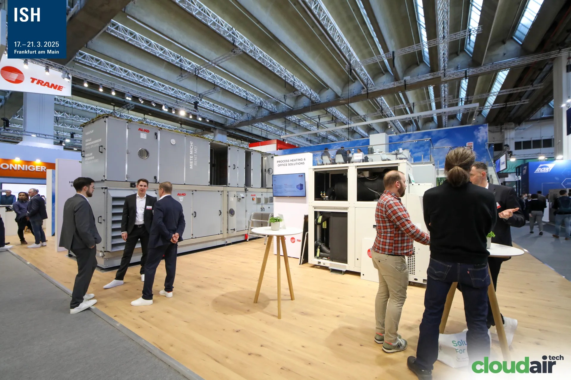 AL-KO rental air handling unit and Trane units on a wooden stand floor at ISH 2025