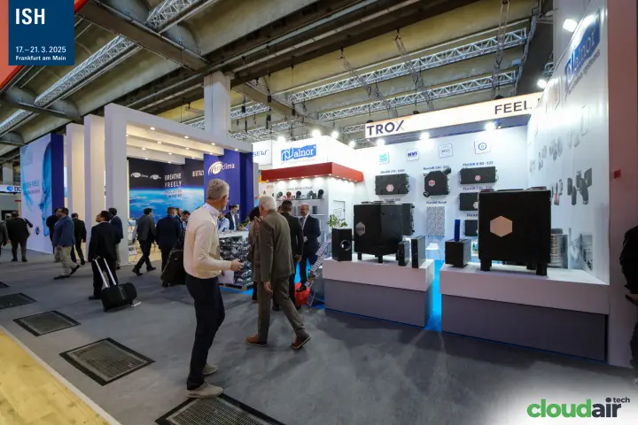 Alnor heat recovery units beside the Ecoclima stand in the aisle at ISH 2025