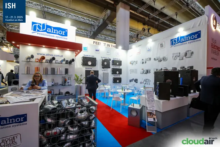 Alnor stand with duct fittings shelves, bends crate and meeting tables at ISH 2025