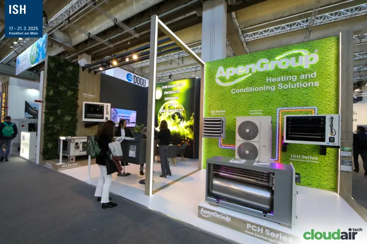 ApenGroup moss wall with warm air heaters and a heat pump outdoor unit at ISH 2025
